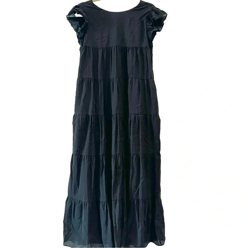 La Ven Women's Tiered Maxi Dress Size Medium Black Flutter Sleeves Boho Tie Neck